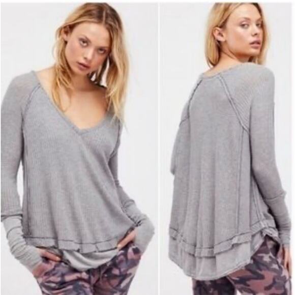 We The Free People Top Laguna Gray Waffle Knit Thermal Tunic Sz M Boho - Picture 1 of 8